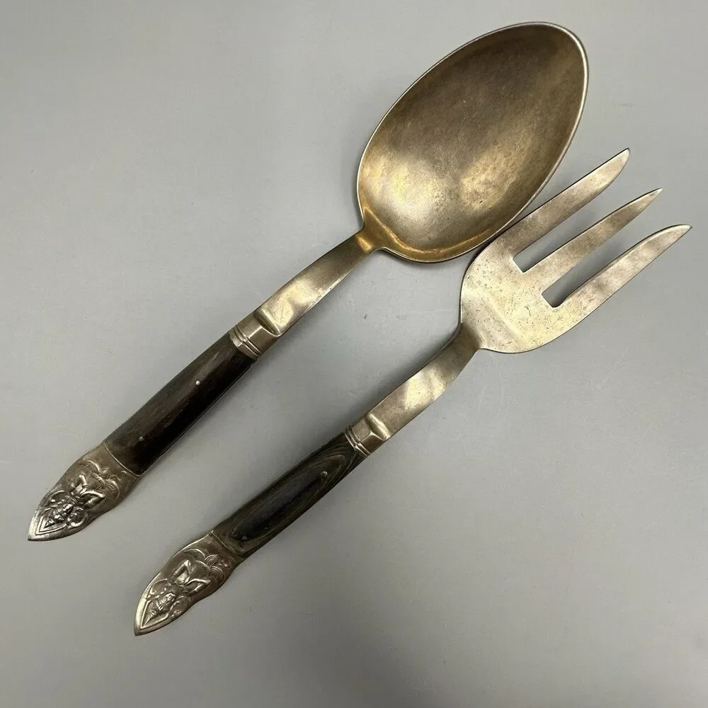 Vintage Siam Thailand Bronze Large Salad Servers Thai Goddess Wood Handles 9,5”